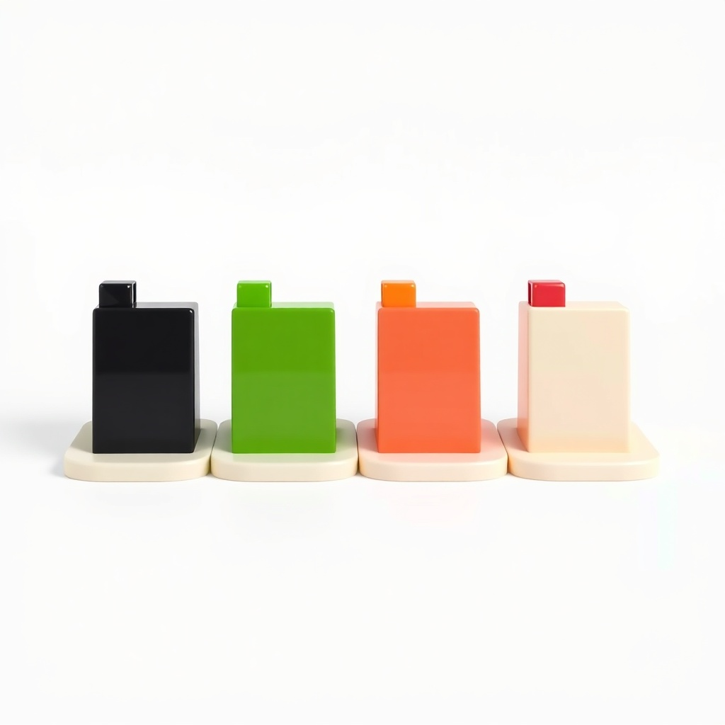 Four glossy blank slips standing in a row.
