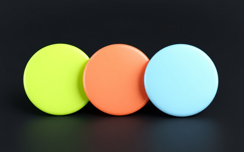 Three glossy discs in a row, lime, coral, and blue, on a dark ground.