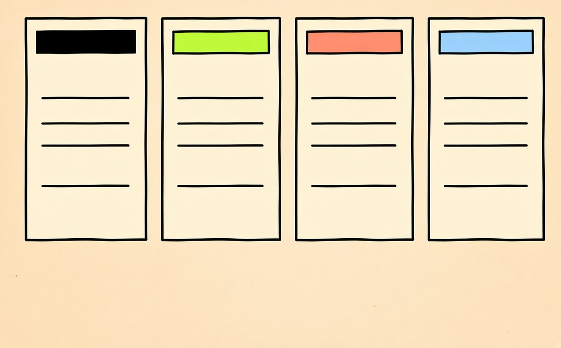 Four blank status slips, marked black, lime, coral and blue.