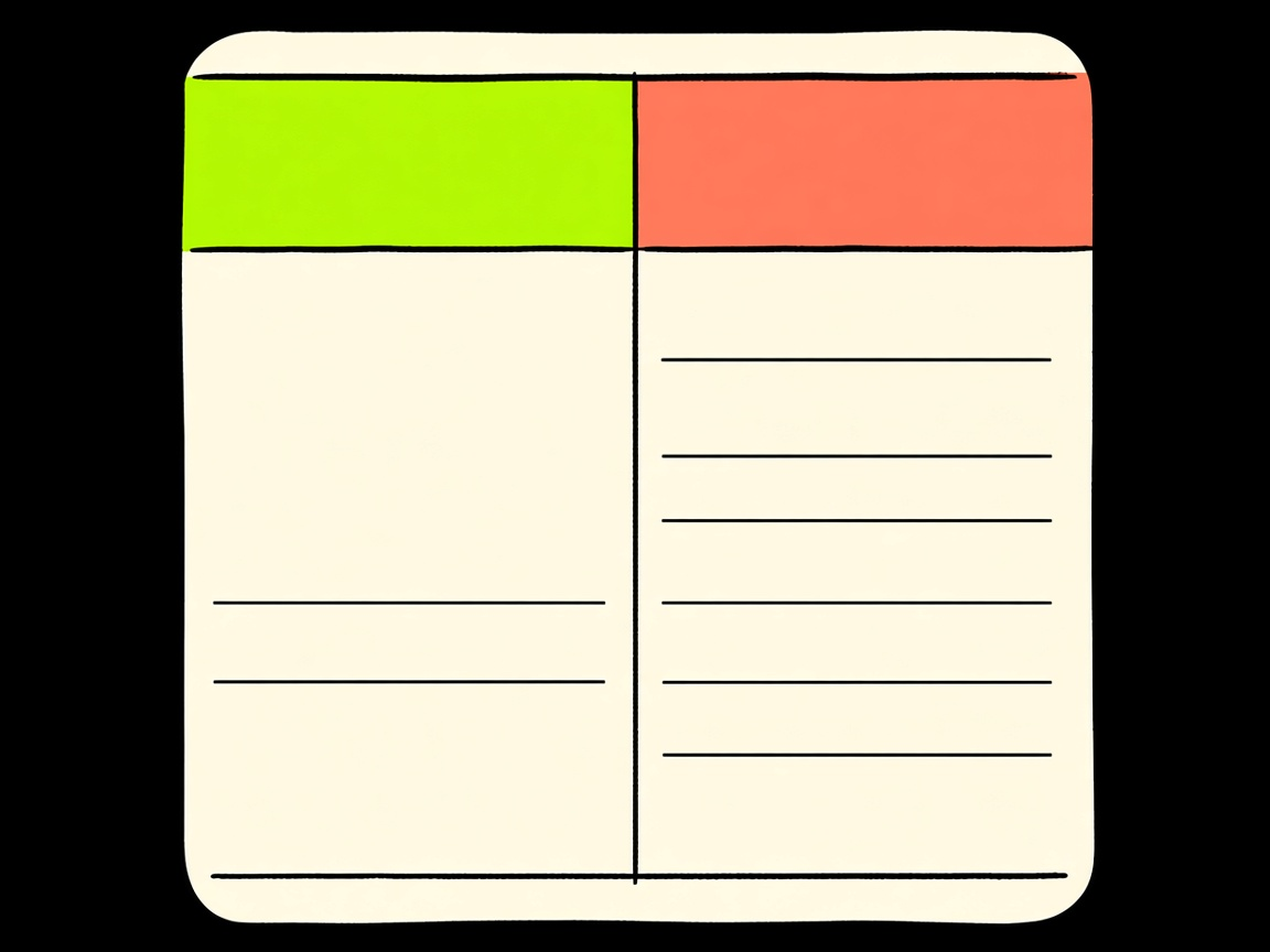 A blank ledger split into a lime column and a coral column.