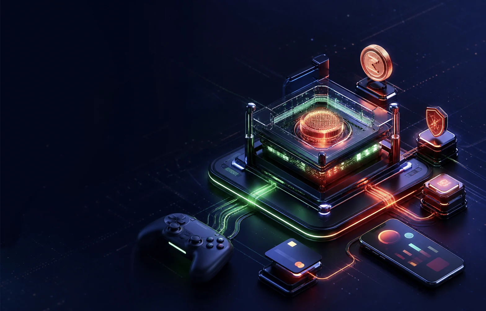 Abstract gaming payment infrastructure connecting a controller, mobile device and secure transaction core