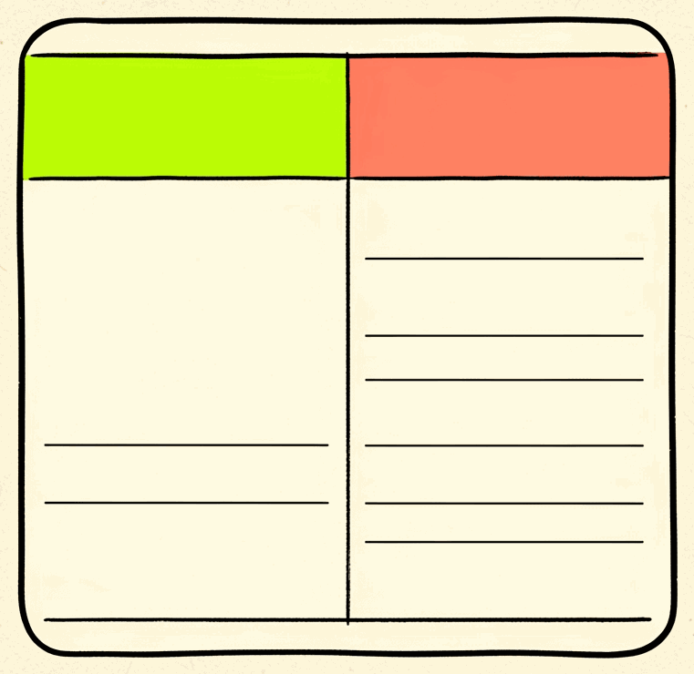 A blank ledger split into two columns, one marked lime and one marked coral.