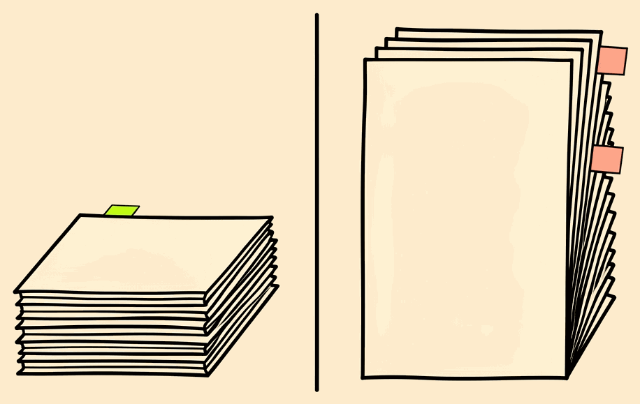 A short stack of sheets beside a taller stack, split by one line.