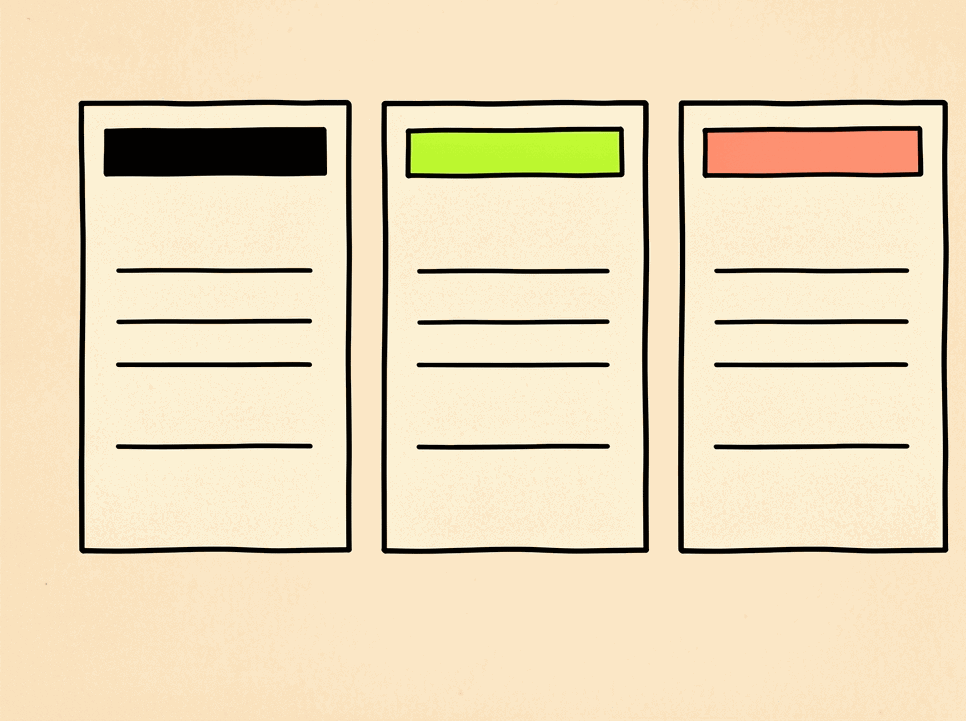 Three separate status slips, marked in black, lime and coral.